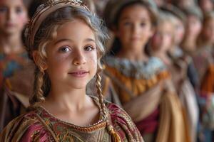 jovem meninas dentro medieval roupas preparando para uma desempenho às a escola teatro foto