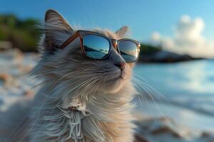 branco gato com oculos de sol descansando em arenoso de praia perto oceano foto