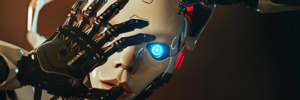 futurista robô mão tocante a face do uma cyborg com azul olho foto
