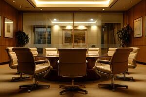 moderno corporativo encontro quarto apresentando lustroso couro cadeiras e vidro paredes foto