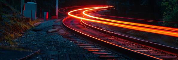 curvado Ferrovia rastrear às crepúsculo com iluminado listras do luz foto