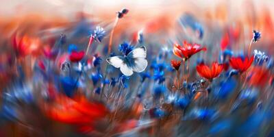 uma borboleta é vôo dentro uma campo do flores foto