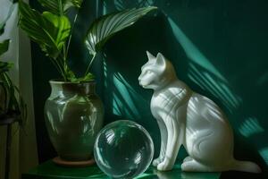 estilizado branco gato escultura Próximo para exuberante verde plantas foto