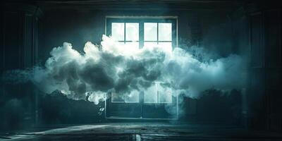 uma quarto com uma janela e uma nuvem do fumaça foto
