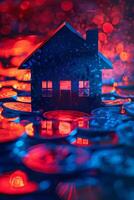 conceptual azul casa silhueta dentro uma mar do moedas foto