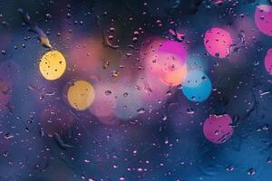 encharcado de chuva janela com colorida cidade luzes dentro bokeh foto