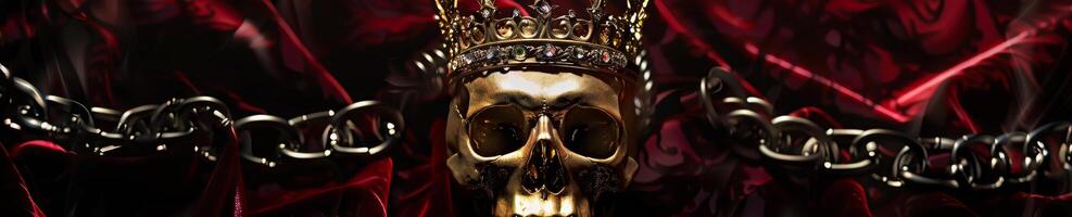dourado crânio com coroa e correntes em Sombrio fundo foto