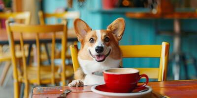 uma cachorro é sentado em uma amarelo cadeira Próximo para uma vermelho café copo foto