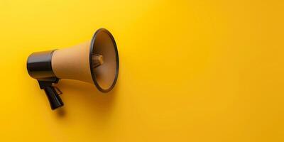 minimalista alto falante ícone projetado de enrolado papel em amarelo fundo foto