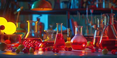 Ciência experimentar configuração com vibrante laboratório equipamento e produtos químicos foto