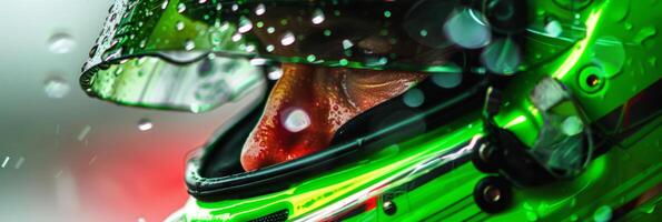 uma homem vestindo uma verde capacete com uma vermelho nariz foto