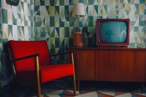 meio século moderno interior apresentando negrito vermelho cadeira e retro televisão foto