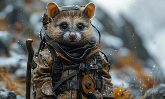 fofa pequeno rato é vestido dentro militares uniforme e capacete dentro a montanhas foto