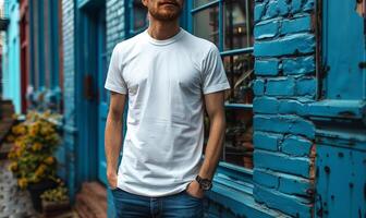 homem é em pé em a rua com branco em branco camiseta em e jeans em a fundo do azul de madeira casa. foto