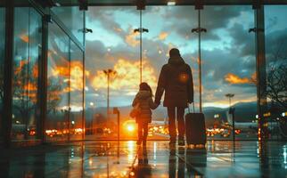 silhueta do jovem família com criança às a aeroporto foto