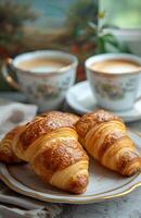 dois croissants e dois copos do café em mesa foto