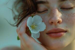 uma mulher com uma branco flor dentro dela mão foto