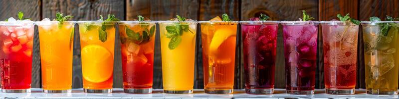 colorida sortimento do refrescante verão bebidas dentro uma linha foto