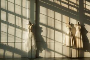 nupcial vestidos em manequins aquecendo dentro a calor do manhã luz foto