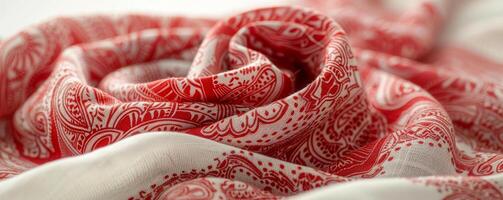 elegante vermelho e branco paisley padronizar cachecol em suave tecido fundo foto