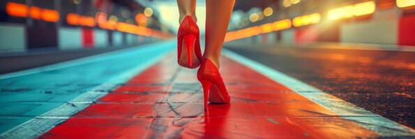 impressionante vermelho Alto calcanhares em uma dinâmico cidade noite rua foto