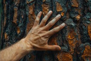 humano conexão com natureza mão em áspero árvore latido foto