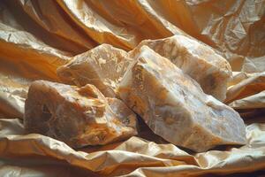 dourado quartzo cristais em sedoso tecido com brilhante dobras foto