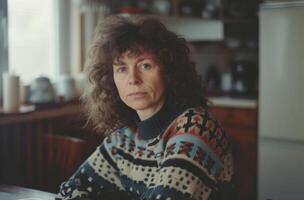 pensativo mulher com encaracolado cabelo dentro estampado suéter às casa foto