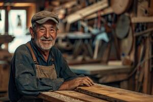 uma carpinteiro sentado e sorridente em borrado Serra moinho fundo foto