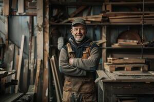 uma carpinteiro em pé satisfeito cruzando mãos posando em borrado madeira moinho fundo foto