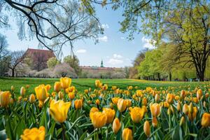 tulipa flores às a parque Primavera panorama foto
