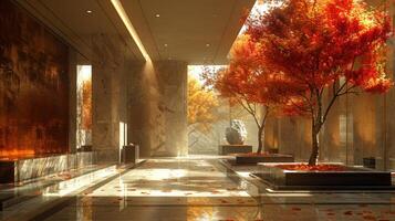 dourado outono elegância. uma luxuoso interior banhado dentro natural luz foto