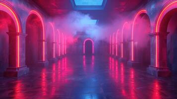 místico corredor iluminado de etéreo néon brilho foto