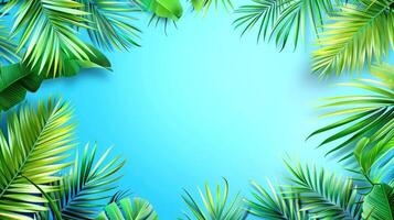 verde Palma folhas em uma azul fundo com espaço para cópia de. poster dentro a verão conceito. ilustração. foto