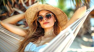 retrato do uma jovem lindo mulher com grandes cabelo dentro uma Palha chapéu vestindo oculos de sol deitado em uma maca às a verão de praia. ilustração. foto