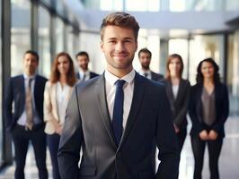 retrato do uma bem sucedido homem de negocios, sorridente o negócio equipe dentro escritório com bem sucedido líderes e profissionais em pé junto. foto