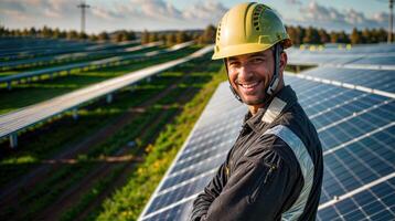 retrato do confiante engenheiro dentro amarelo protetora capacete, inspecionando solar painéis, incorporando renovável energia e sustentabilidade. homem sorridente olhando às Câmera em fundo solar painéis, cópia de espaço foto