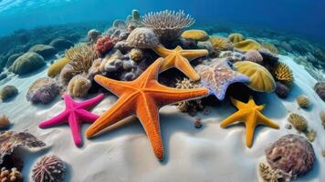 colorida estrelas do mar e corais dentro uma vibrante embaixo da agua paisagem marítima, ideal para de Meio Ambiente e educacional contente. embaixo da agua ecossistemas, ecoturismo, verão feriado conceito foto