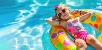 Largo tiro do pequeno menina relaxa em colorida inflável flutuador dentro piscina, vestindo brilhante de bolinhas roupa de banho e oculos escuros. bandeira, cópia de espaço foto