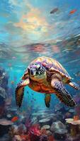 vibrante mar tartaruga navegação uma animado coral recife, cercado de tropical peixe, perfeito representação do marinho biodiversidade. embaixo da agua ecossistemas, ecoturismo, verão feriado conceito foto
