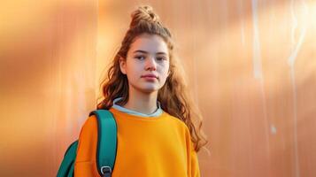 Adolescência menina com uma mochila. retrato do uma Adolescência menina com uma mochila dentro uma amarelo suéter, em pé contra uma iluminado pelo sol fundo. foto