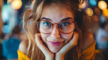 jovem mulher vestindo óculos. fechar-se retrato do uma jovem mulher com copos, sorridente de brincadeira dentro uma calorosamente aceso, cheio de bokeh ambiente. foto