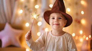 uma criança pequena vestindo uma Mago chapéu e segurando uma em forma de estrela Magia varinha, com cintilante luzes dentro a fundo. foto