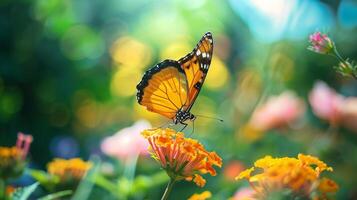 borboleta em flor. uma vibrante laranja borboleta delicadamente empoleirado em uma grupo do brilhante amarelo flores dentro uma exuberante jardim. . foto