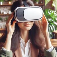 uma mulher vestindo uma virtual realidade óculos foto