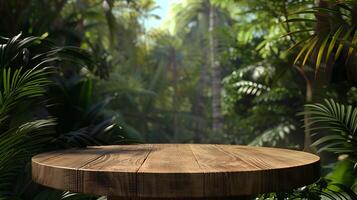 de madeira 3d pódio etapa dentro tropical floresta para produtos apresentação fundo foto