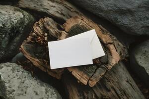 rústico arranjo com branco cartão e envelope em resistido Histórico dentro natureza foto