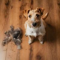 uma terrier cachorro galpões pele com expressivo olhos, sentado em de madeira chão dentro de casa para social meios de comunicação postar Tamanho foto