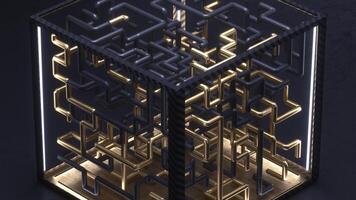 3d render cubo com ouro e Preto Labirinto animação dentro foto