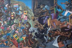 cusco, peru, 5 de janeiro de 2018 - detalhe do mural em cusco, peru. mural que mostra toda a história do peru foi feito por juan bravo em 1992. foto